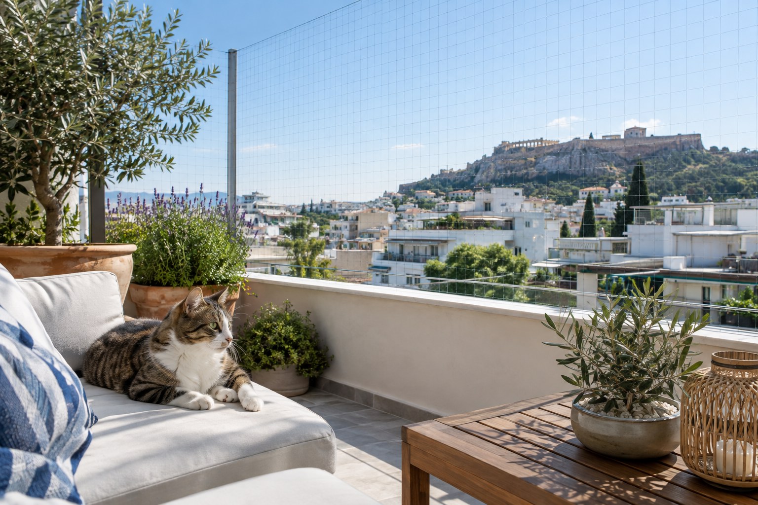 Γάτα σε ταράτσα με επαγγελματικά τοποθετημένο δίχτυ προστασίας
