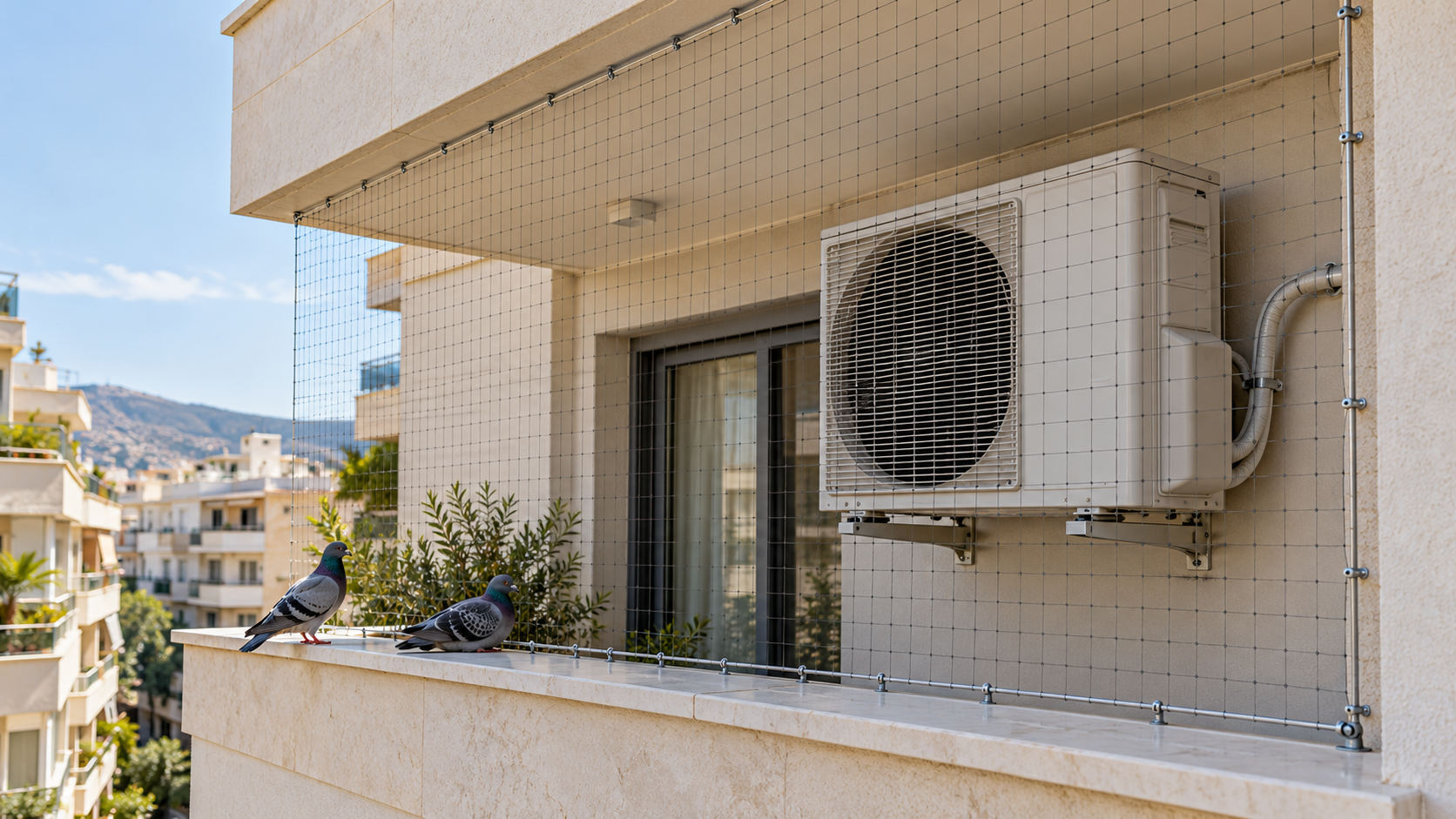 Εξωτερική μονάδα κλιματισμού σε μπαλκόνι με περιστέρια και διακριτικό δίχτυ προστασίας